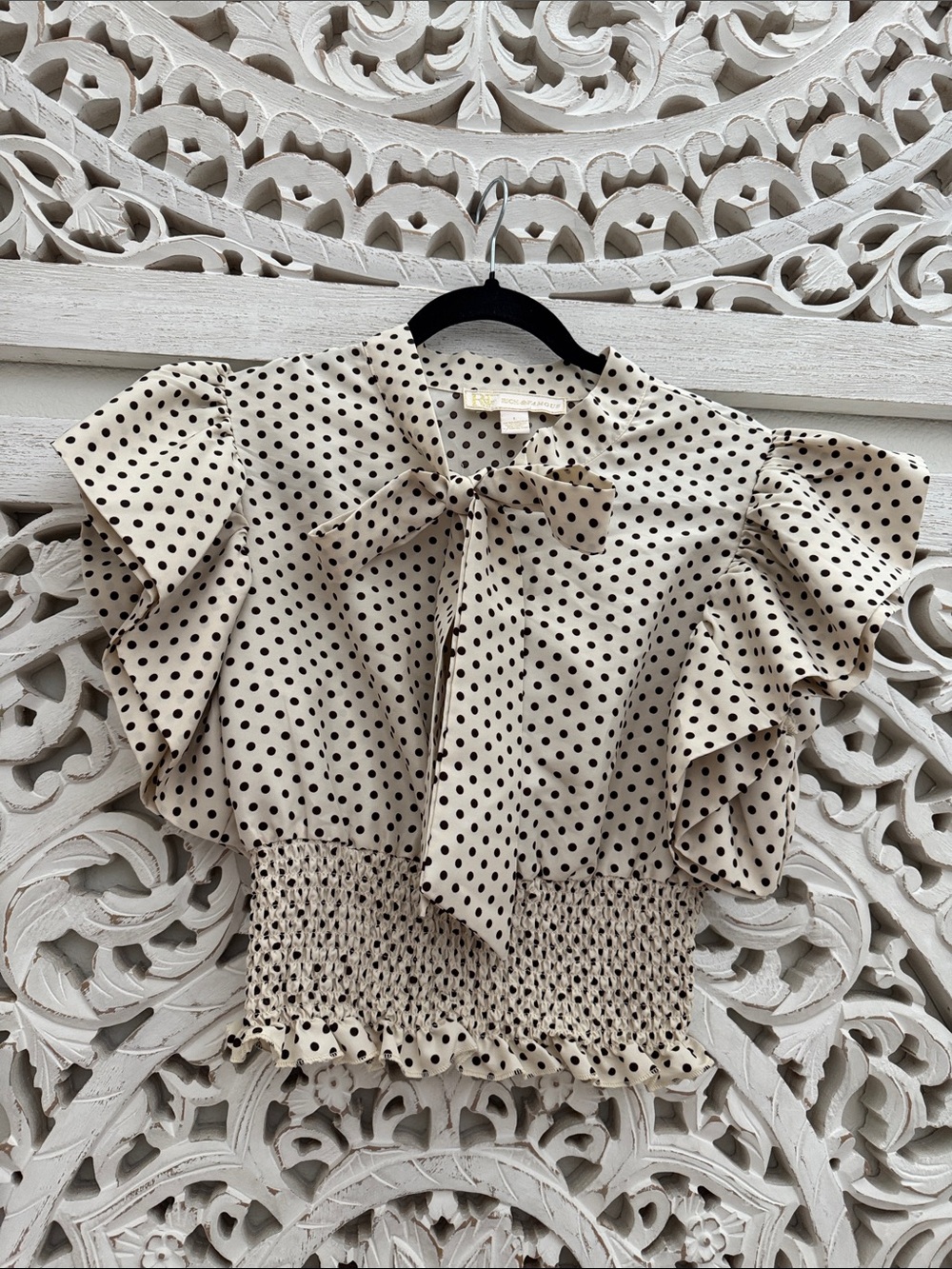 Polka Dot Tie-Neck Ruffle Blouse